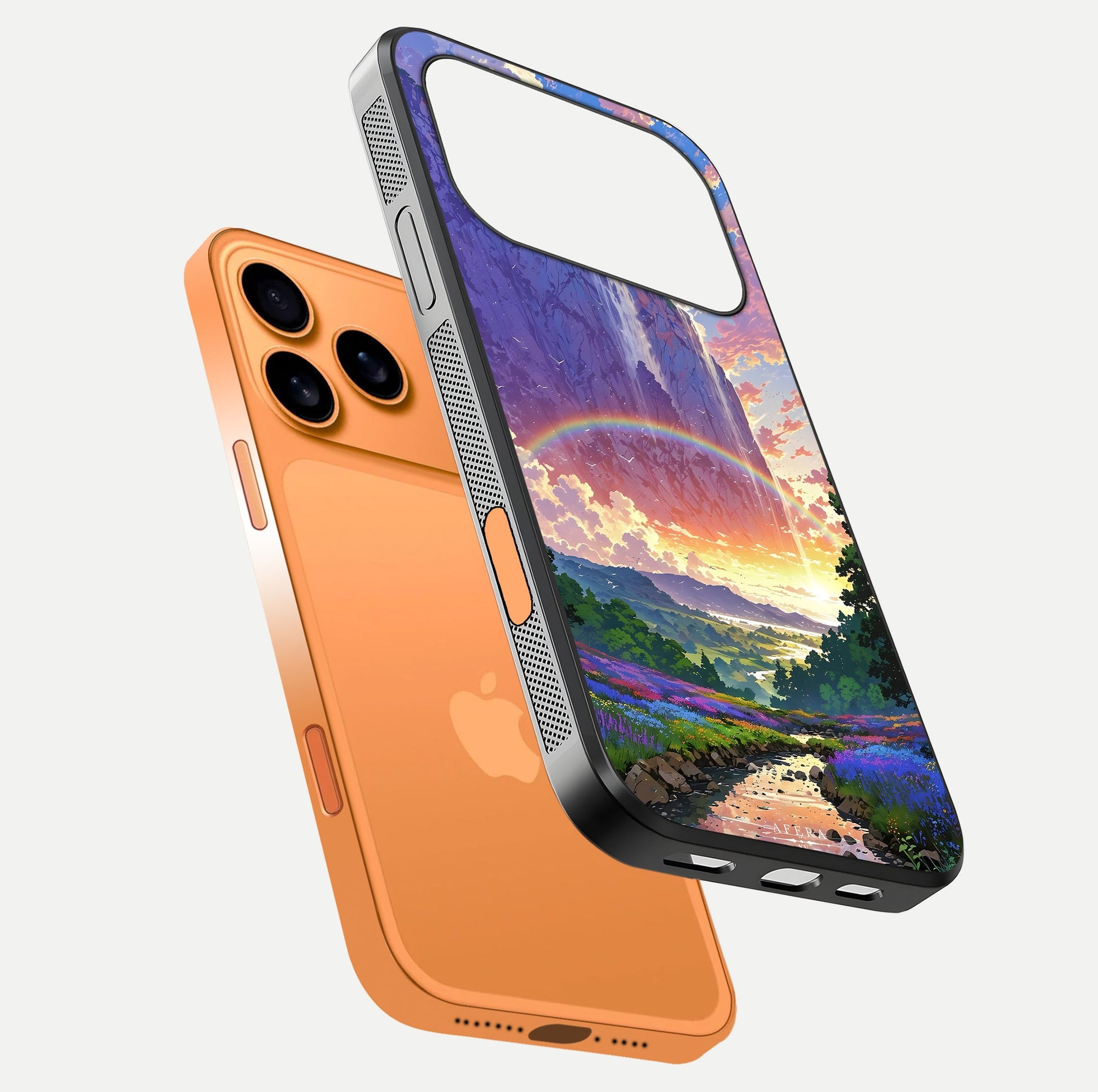 Rainbow Valley Dream Glass Case for iPhone 17 Pro Max floating dual-view mockup showing gloss texture and dream vibe