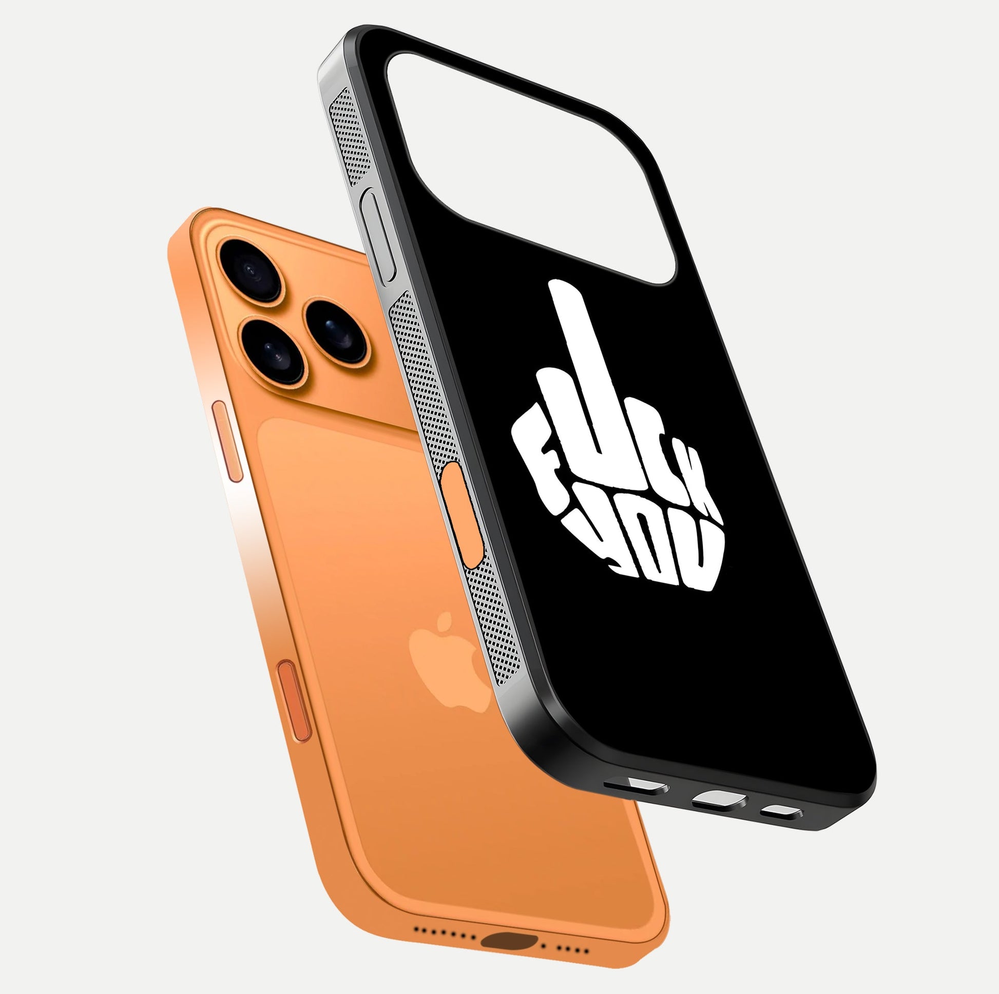 Rebel Mode On Glass Case for iPhone 17 Pro Max floating dual-view mockup displaying gloss shine and statement art