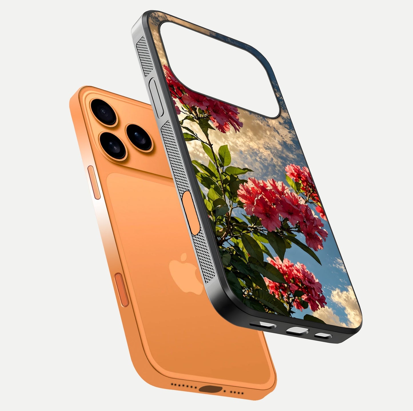 Red Bloom Skies Glass Case for iPhone 17 Pro Max floating dual-view mockup showing glass gloss and floral pattern