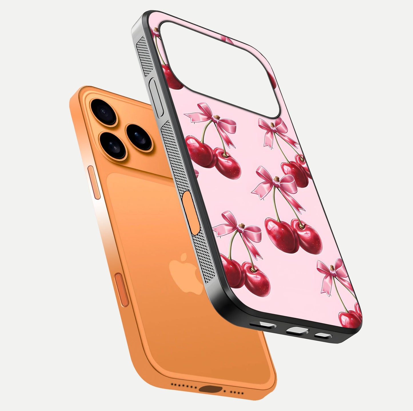 Red Cherries Pattern Glass Case for iPhone 17 Pro Max floating dual-view mockup showing gloss and color contrast