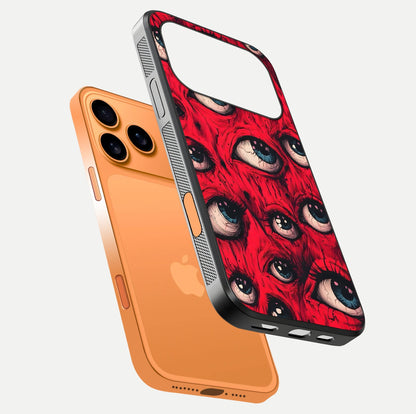 Red Eyes Pattern Glass Case for iPhone 17 Pro Max floating dual-view mockup displaying reflection and gloss texture