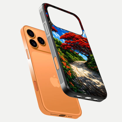 Red Trees Pathway Glass Case for iPhone 17 Pro Max floating dual-view mockup displaying gloss texture and print depth