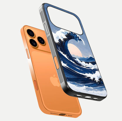 Rising Tide Power Glass Case for iPhone 17 Pro Max floating dual-view mockup displaying gloss texture and flow pattern