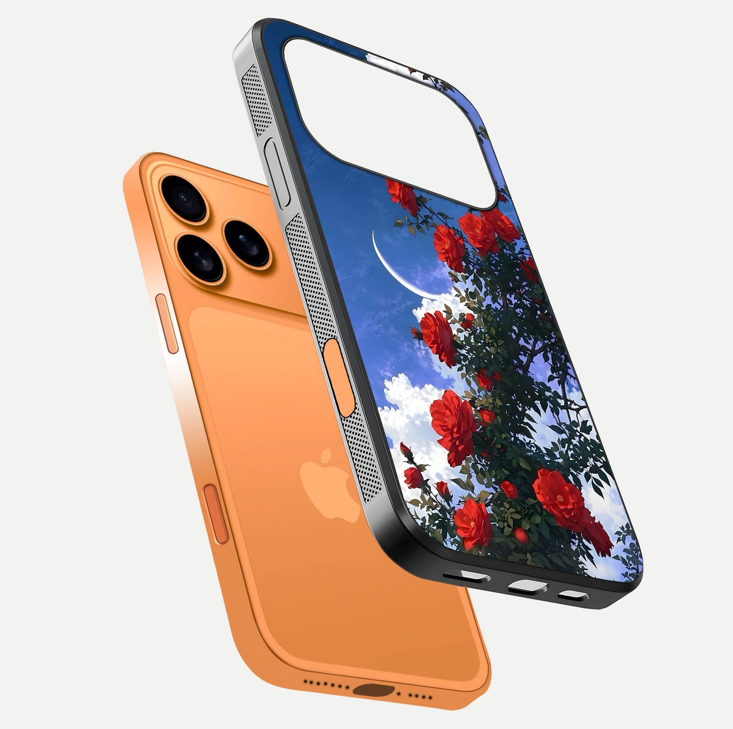 Rose Drift Flowers Glass Case for iPhone 17 Pro Max floating dual-view mockup showing gloss shine and floral tone