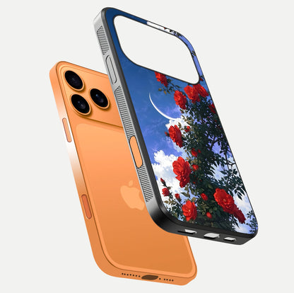 Rose Drift Flowers Glass Case for iPhone 17 Pro Max floating dual-view mockup showing gloss shine and floral tone
