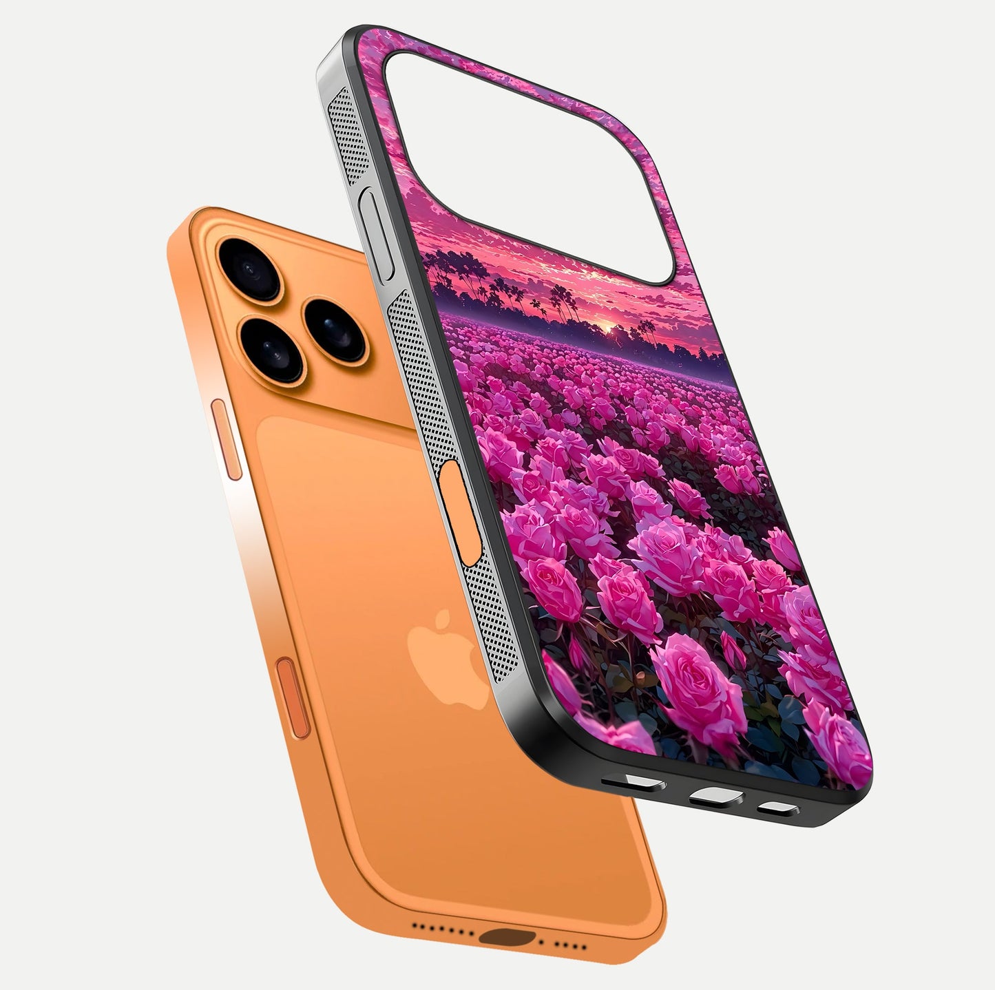 Rose Sunset Valley Glass Case for iPhone 17 Pro Max floating dual-view mockup showing gloss reflection and art depth