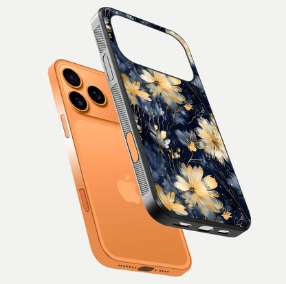 Royal Petal Dream Glass Case for iPhone 17 Pro Max floating dual-view mockup displaying gloss reflection and tone contrast