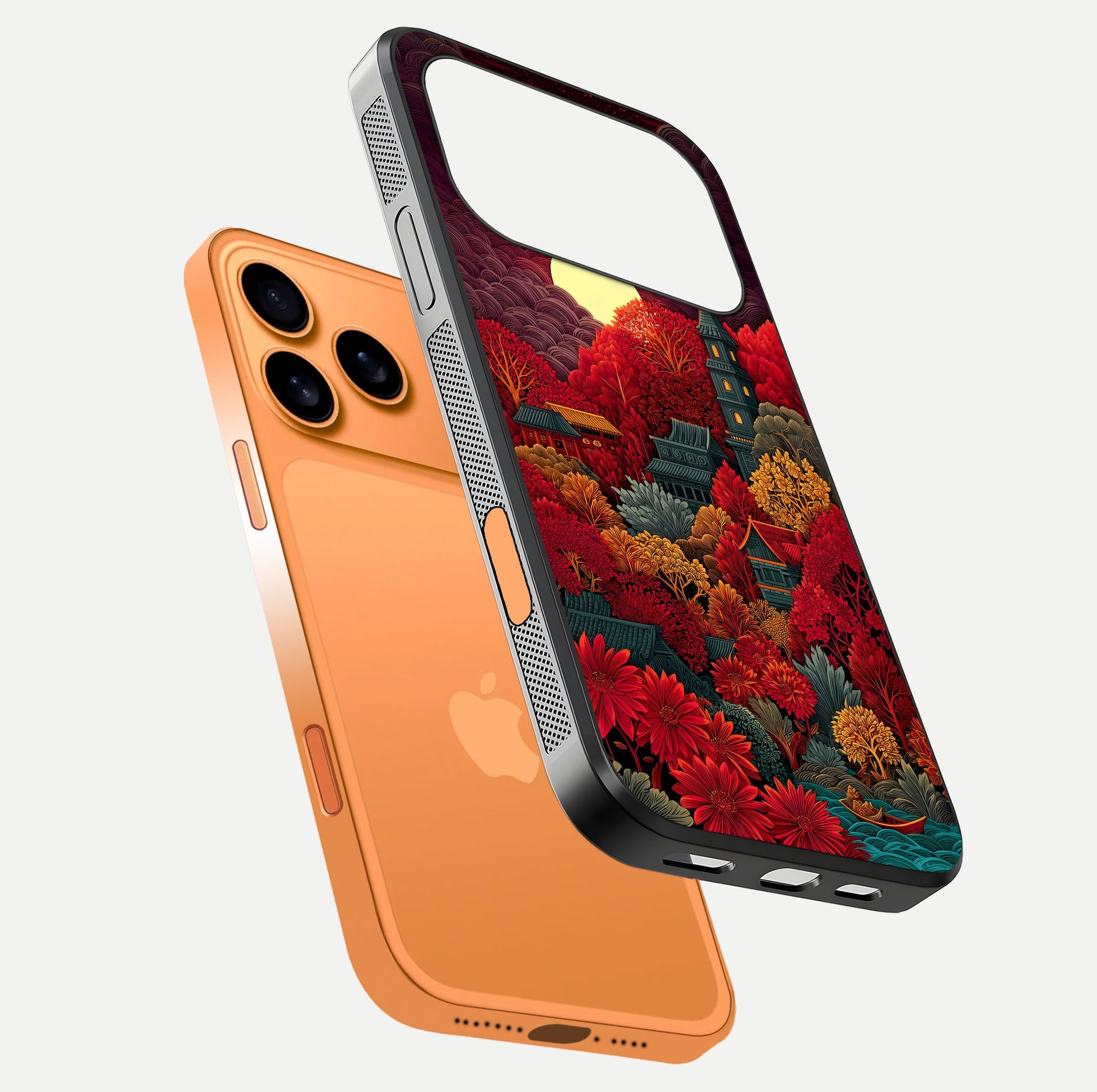Scarlet Autumn Temple Glass Case for iPhone 17 Pro Max floating dual-view mockup displaying gloss shine and autumn tones