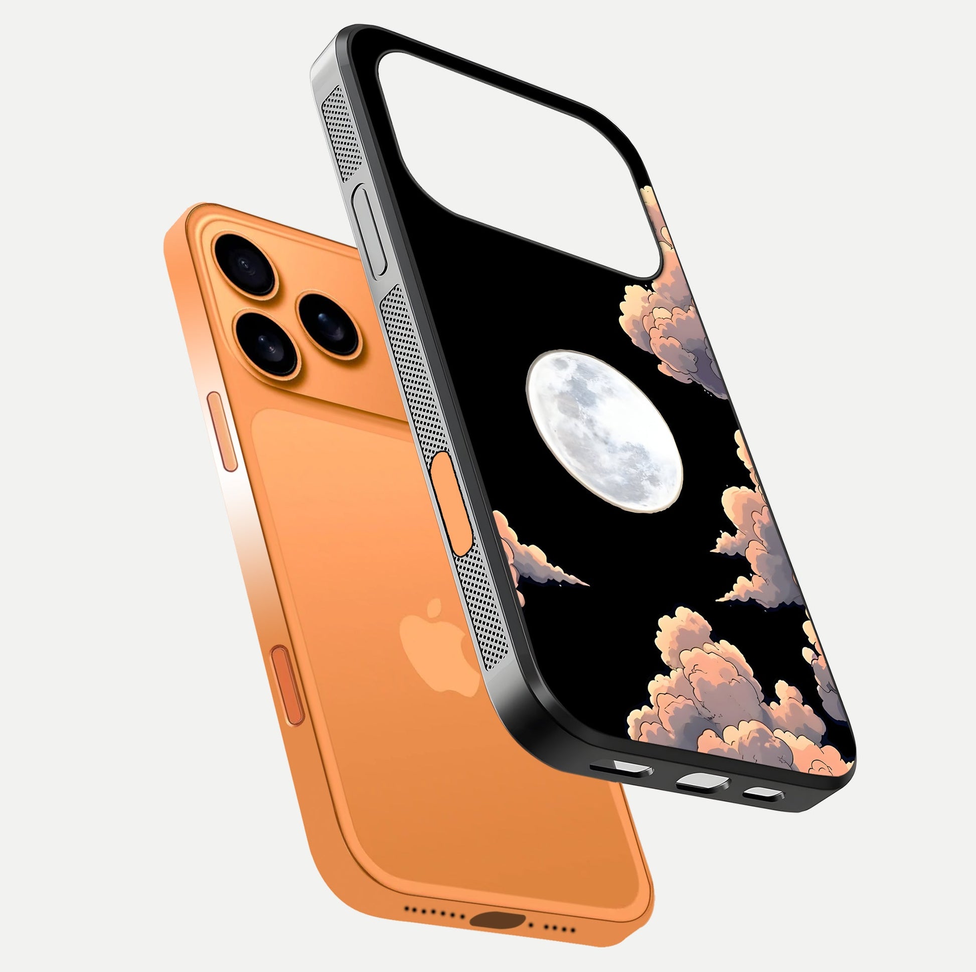 Shade Cloud Moon Glass Case for iPhone 17 Pro Max floating dual-view mockup showing gloss and celestial texture
