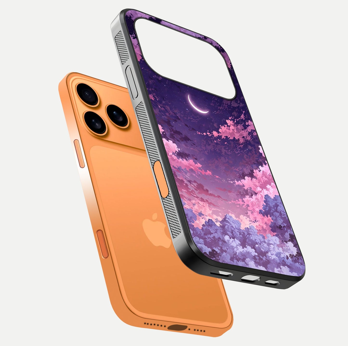 Sky Drift Clouds Glass Case for iPhone 17 Pro Max floating dual-view mockup displaying gloss shine and depth