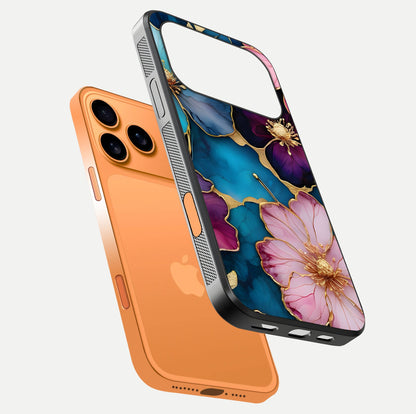 Sparkle Floral Glass Case for iPhone 17 Pro Max floating dual-view mockup displaying gloss surface and sparkle effect