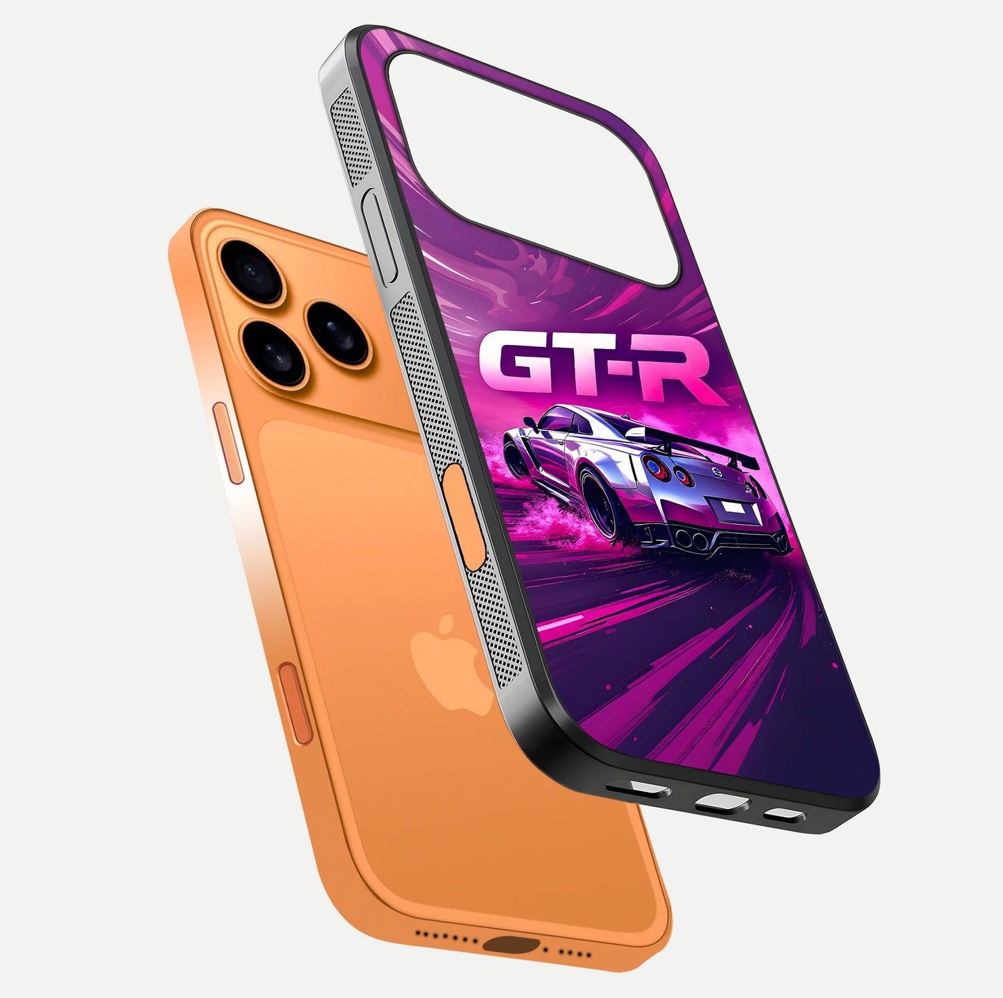 Speed Drift Legend Glass Case for iPhone 17 Pro Max floating dual-view mockup displaying gloss shine and motion effect