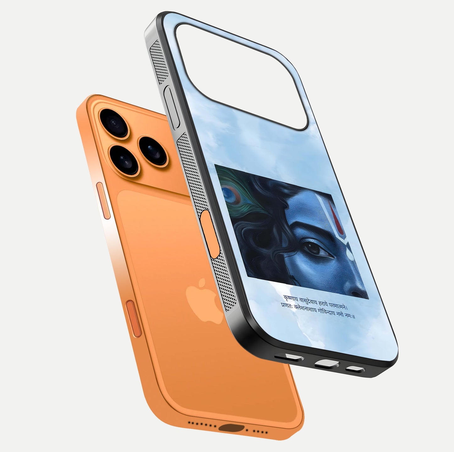 Spiritual Krishna Glass Case for iPhone 17 Pro Max floating dual-view mockup displaying gloss shine and divine detail
