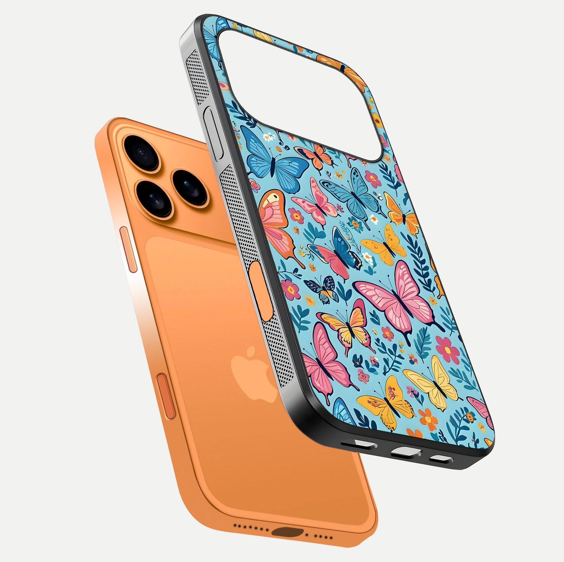Spring Wing Garden Glass Case for iPhone 17 Pro Max floating dual-view mockup showing gloss texture and vivid print