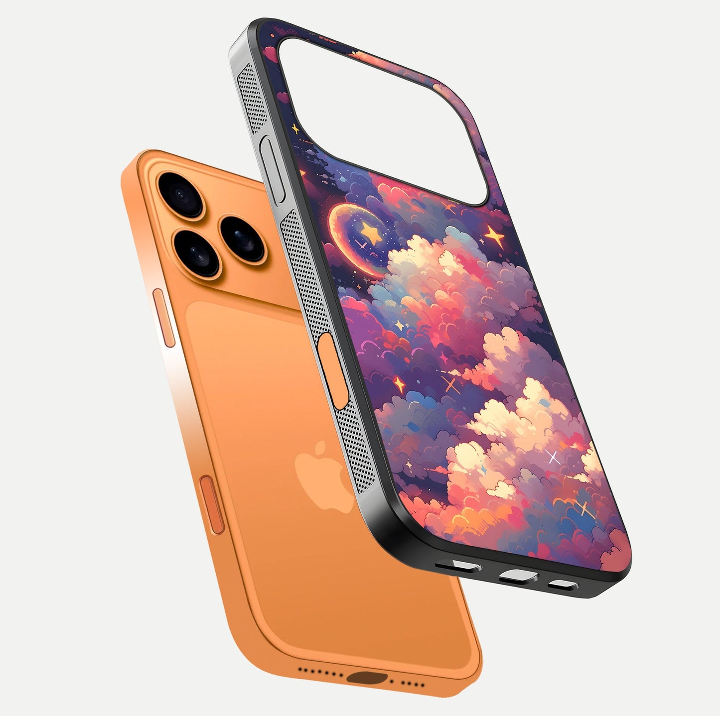 Starlit Dream Clouds Glass Case for iPhone 17 Pro Max floating dual-view mockup displaying gloss and soft light detail