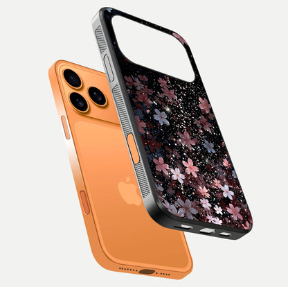 Starlit Flower Dreams Glass Case for iPhone 17 Pro Max floating dual-view mockup displaying gloss and print clarity
