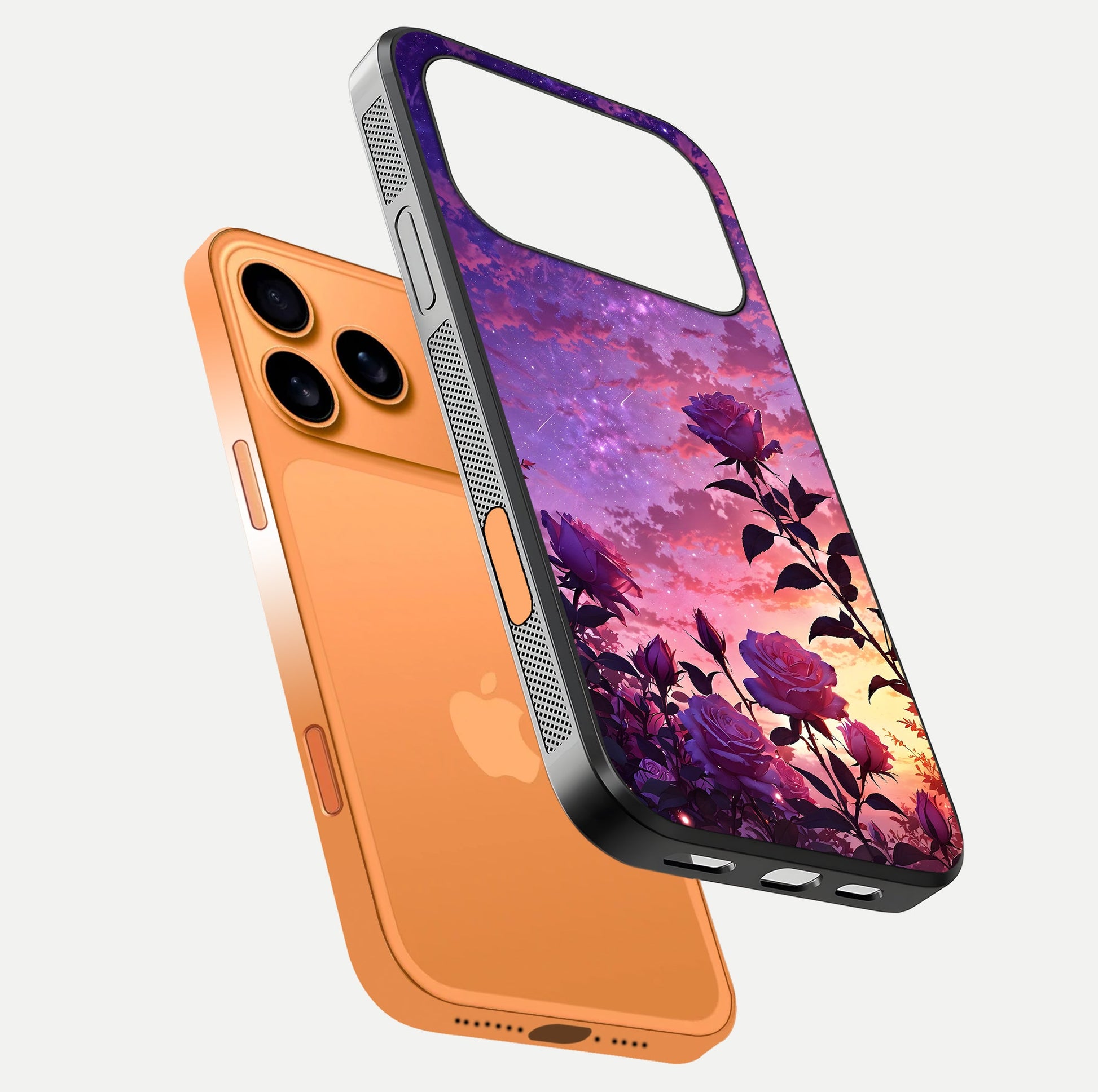 Starlit Rose Twilight Glass Case for iPhone 17 Pro Max floating dual-view mockup displaying gloss shine and depth