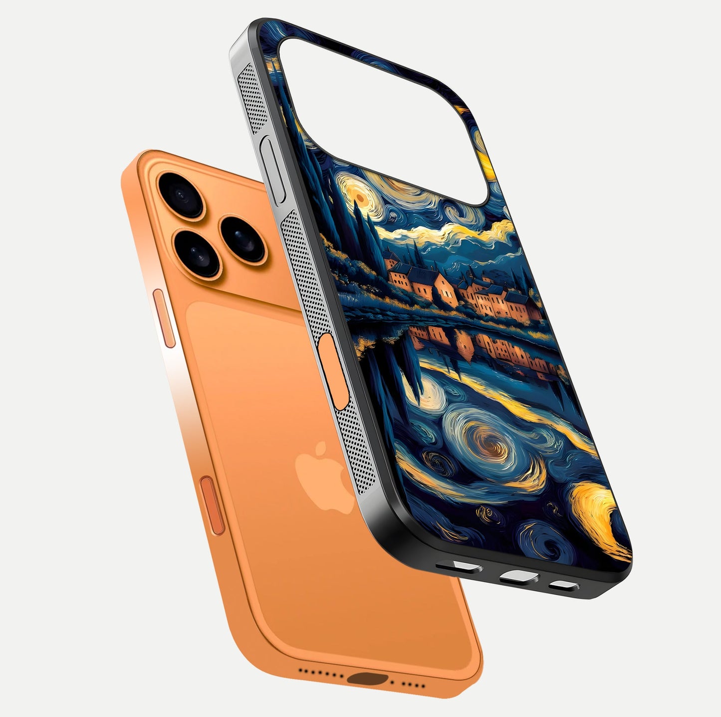 Starry Sky Serenity Glass Case for iPhone 17 Pro Max floating dual-view mockup displaying gloss texture and shine