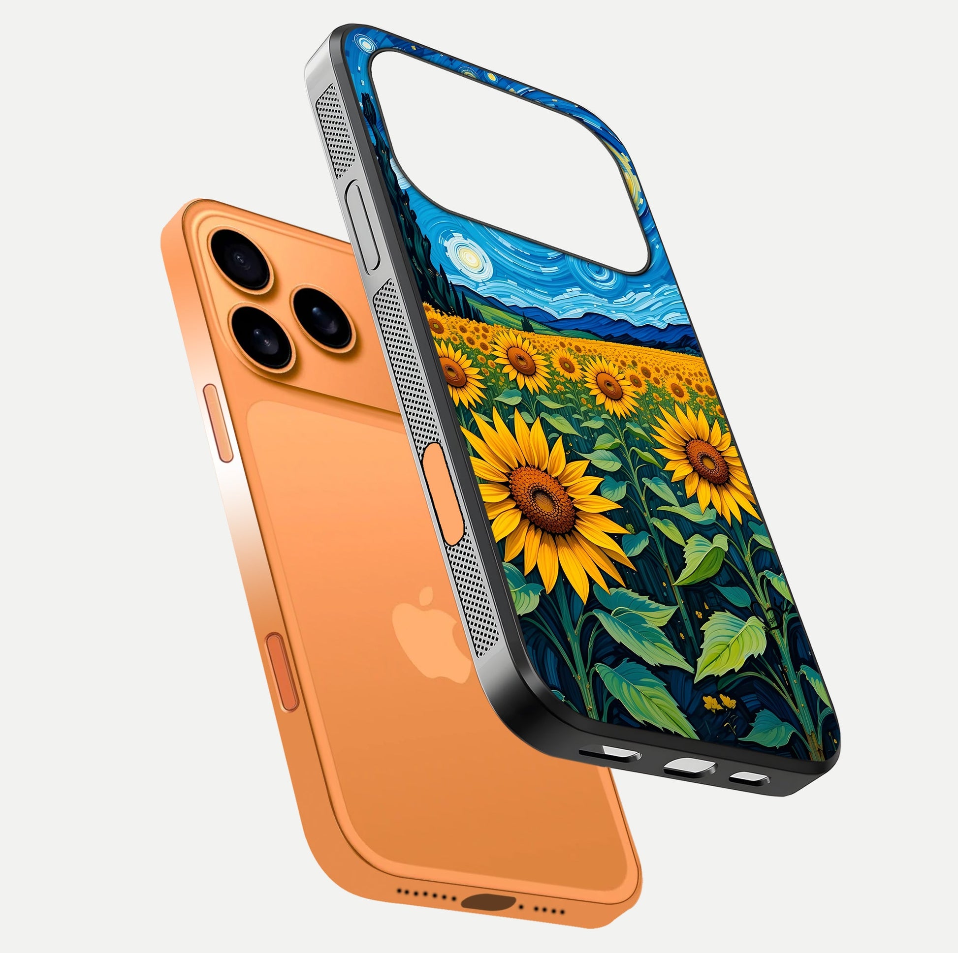 Starry Sunflower Dreams Glass Case for iPhone 17 Pro Max floating dual-view mockup displaying gloss and vivid print