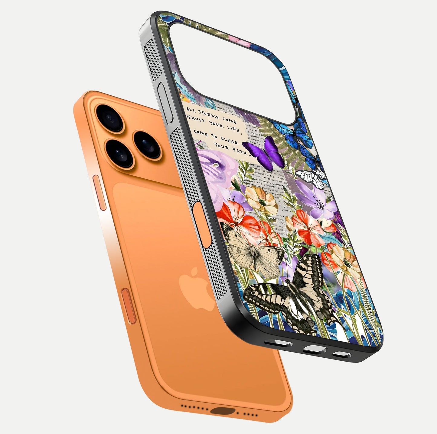 Storm Path Bloom Glass Case for iPhone 17 Pro Max floating dual-view mockup displaying gloss and pattern depth
