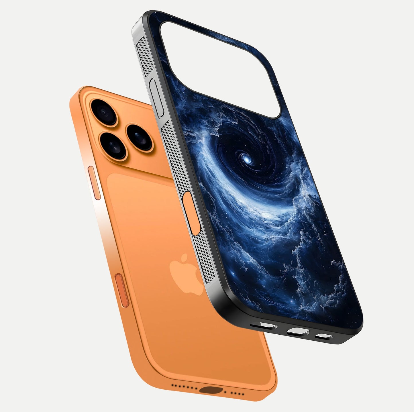 Stunning Galaxy Glass Case for iPhone 17 Pro Max floating dual-view mockup displaying gloss shine and vivid print depth