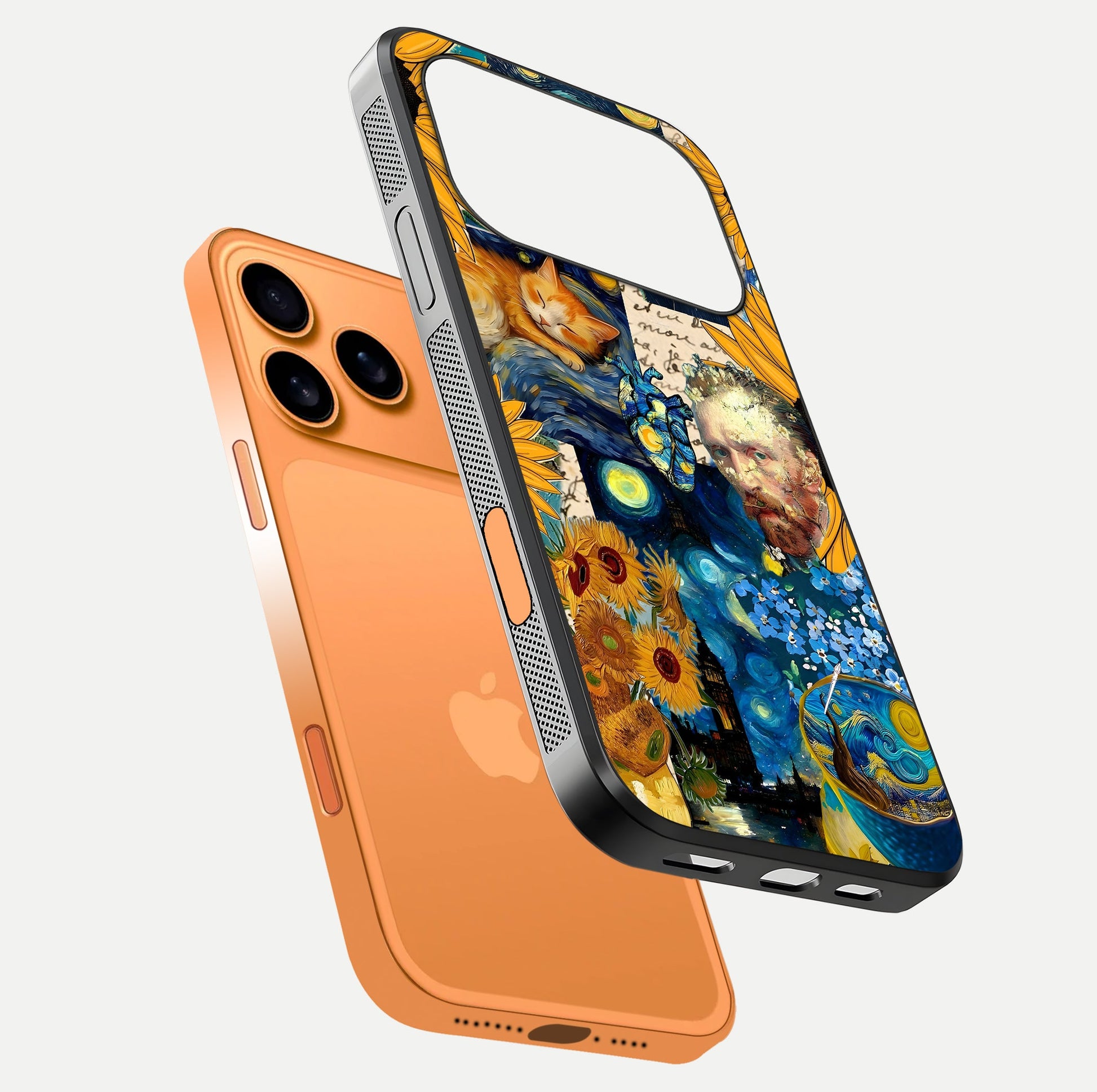 Sunflower Cat Art Glass Case for iPhone 17 Pro Max floating dual-view mockup displaying gloss shine and HD art print
