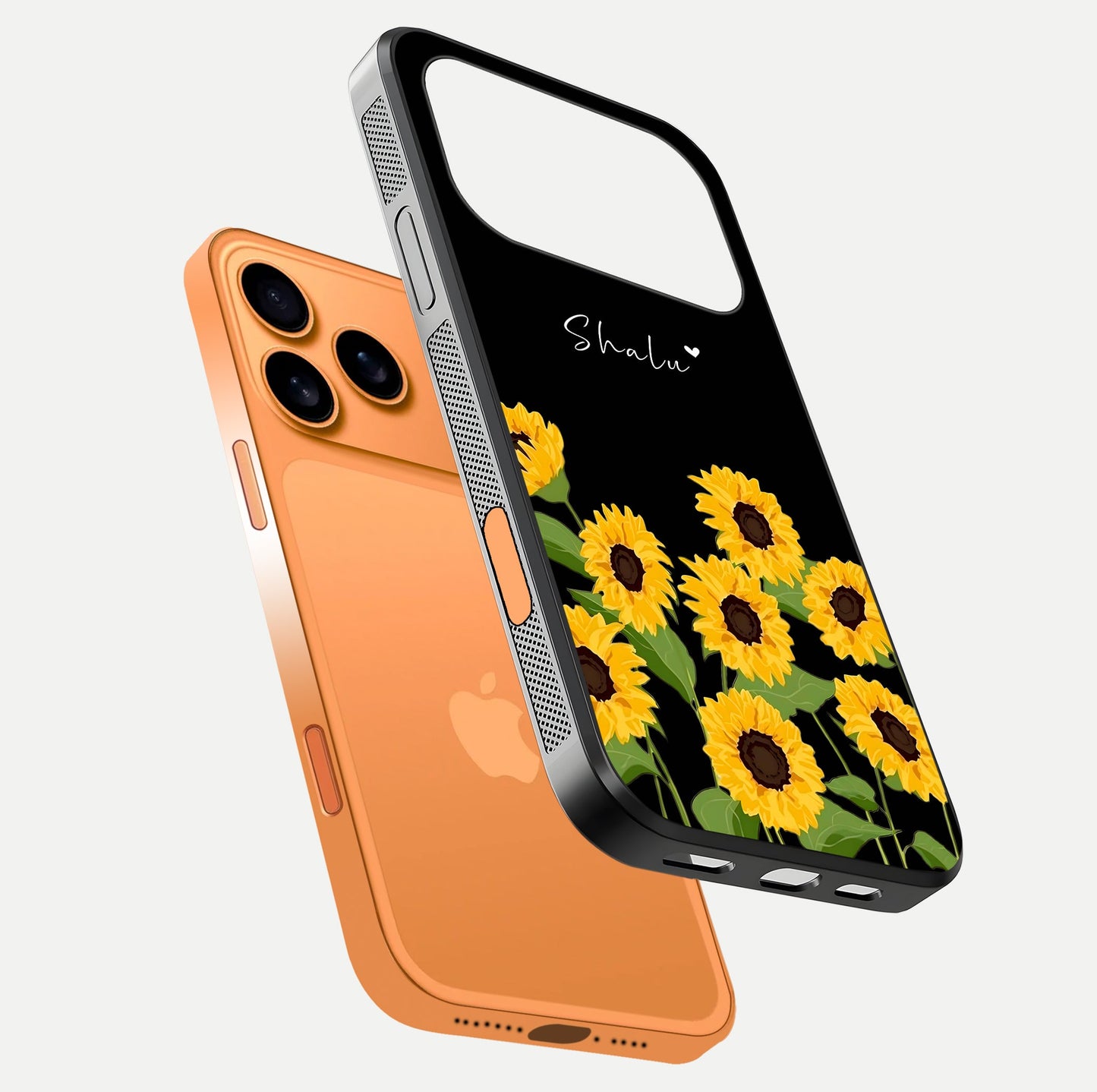 Sunflower Chic Mood Custom Name Glass Case for iPhone 17 Pro Max floating dual-view mockup displaying gloss texture and detail