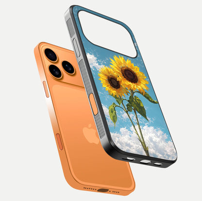 Sunflower Sky Bloom Glass Case for iPhone 17 Pro Max floating dual-view mockup displaying gloss shine and vibrant texture