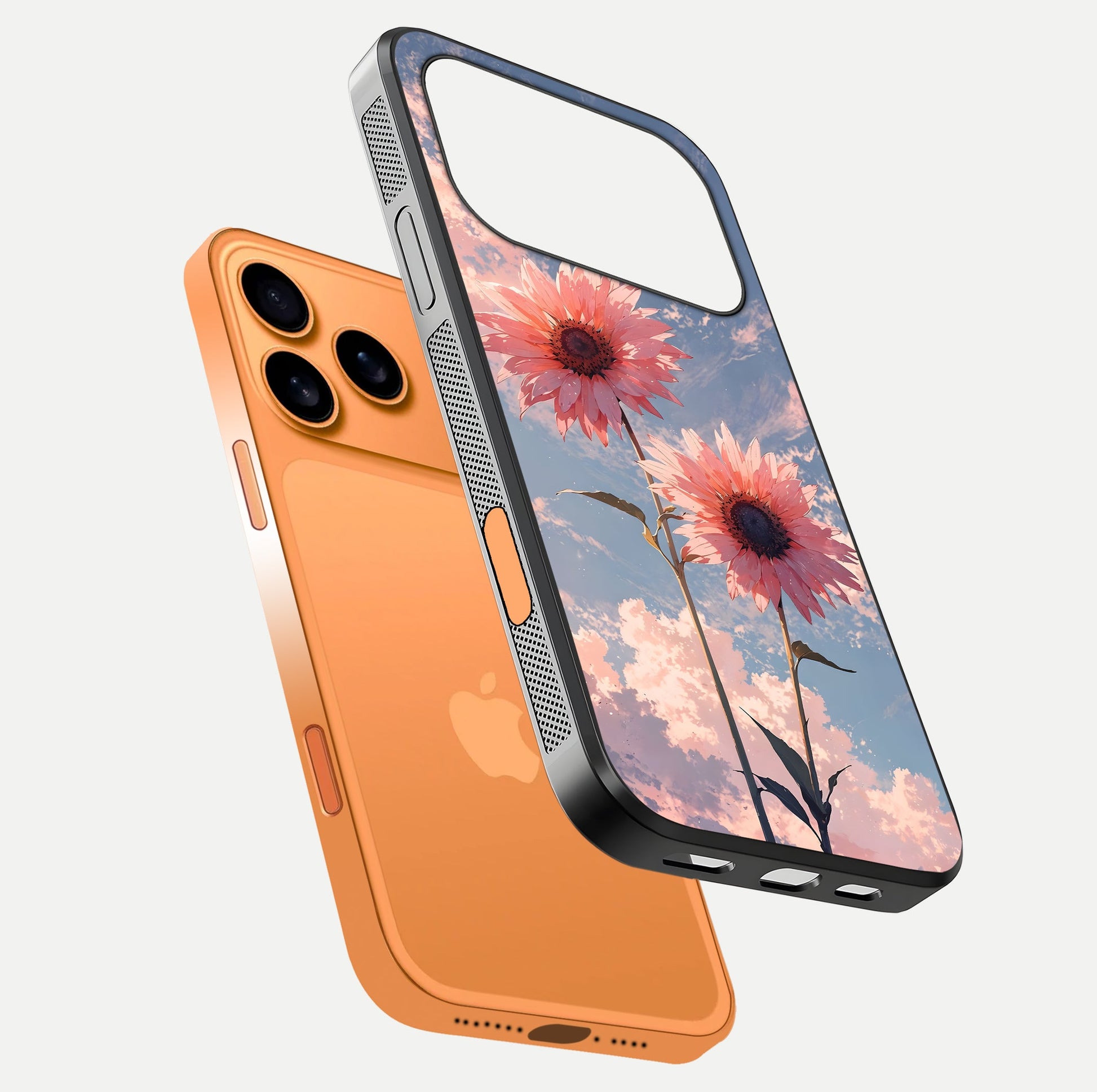 Sunlit Daisy Glow Glass Case for iPhone 17 Pro Max floating dual-view mockup displaying gloss finish and HD print