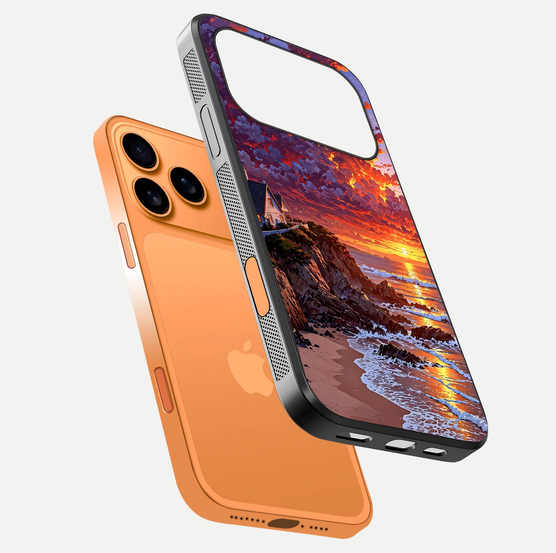Sunset House by Sea Glass Case for iPhone 17 Pro Max floating dual-view mockup displaying gloss shine and depth