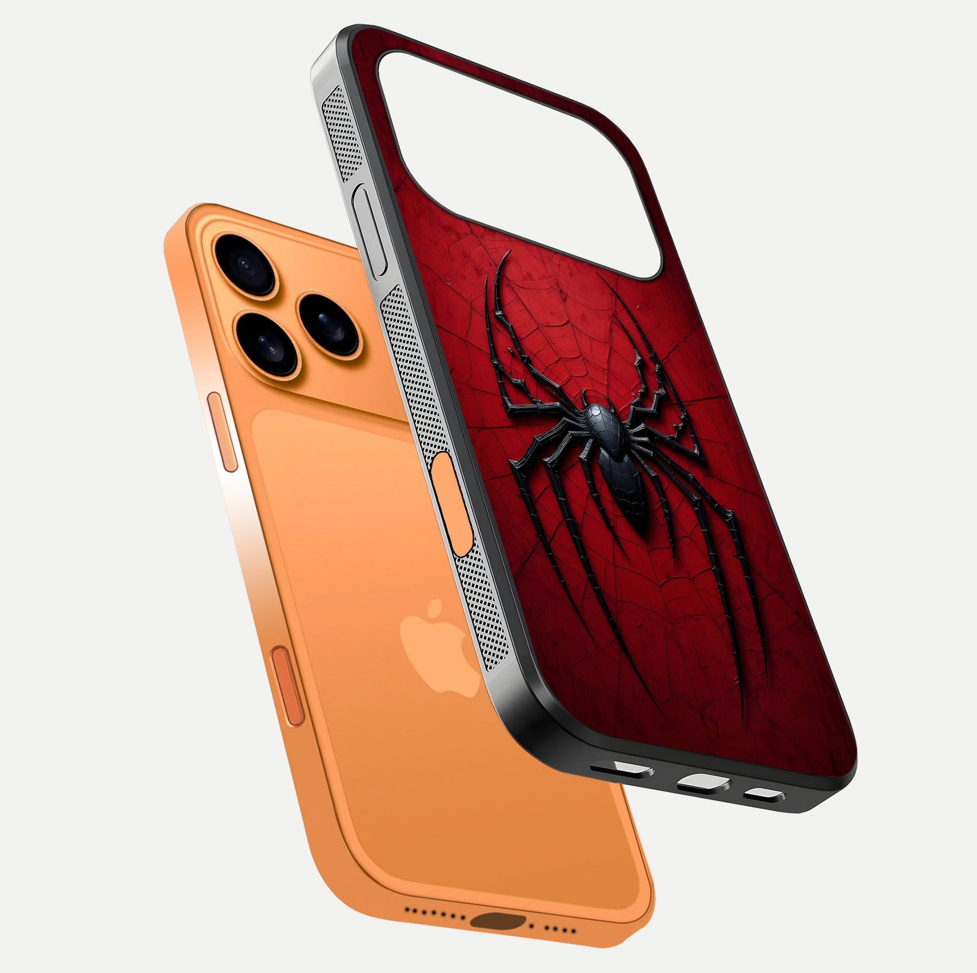 Venom Web Emblem Glass Case for iPhone 17 Pro Max floating dual-view mockup displaying gloss shine and HD print