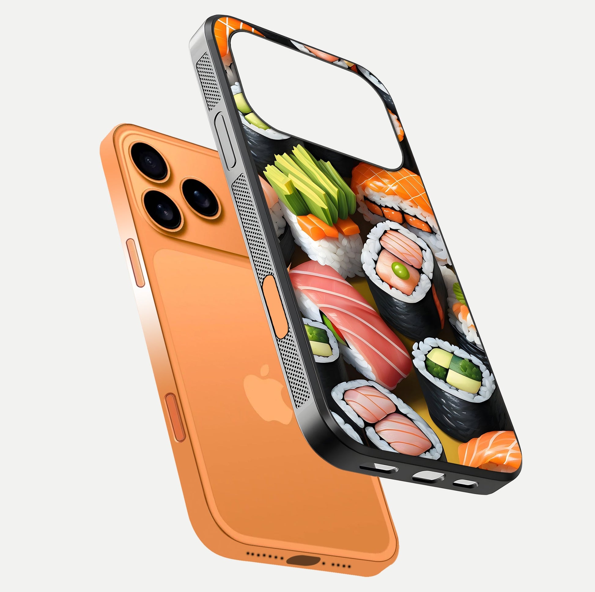 Sushi Food Pattern Glass Case for iPhone 17 Pro Max floating dual-view mockup displaying gloss and HD pattern