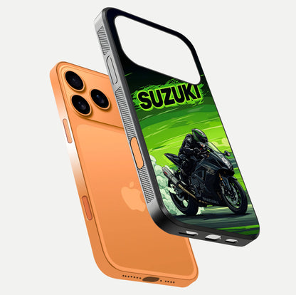Suzuki Speed Beast Glass Case for iPhone 17 Pro Max floating dual-view mockup displaying gloss texture and shine