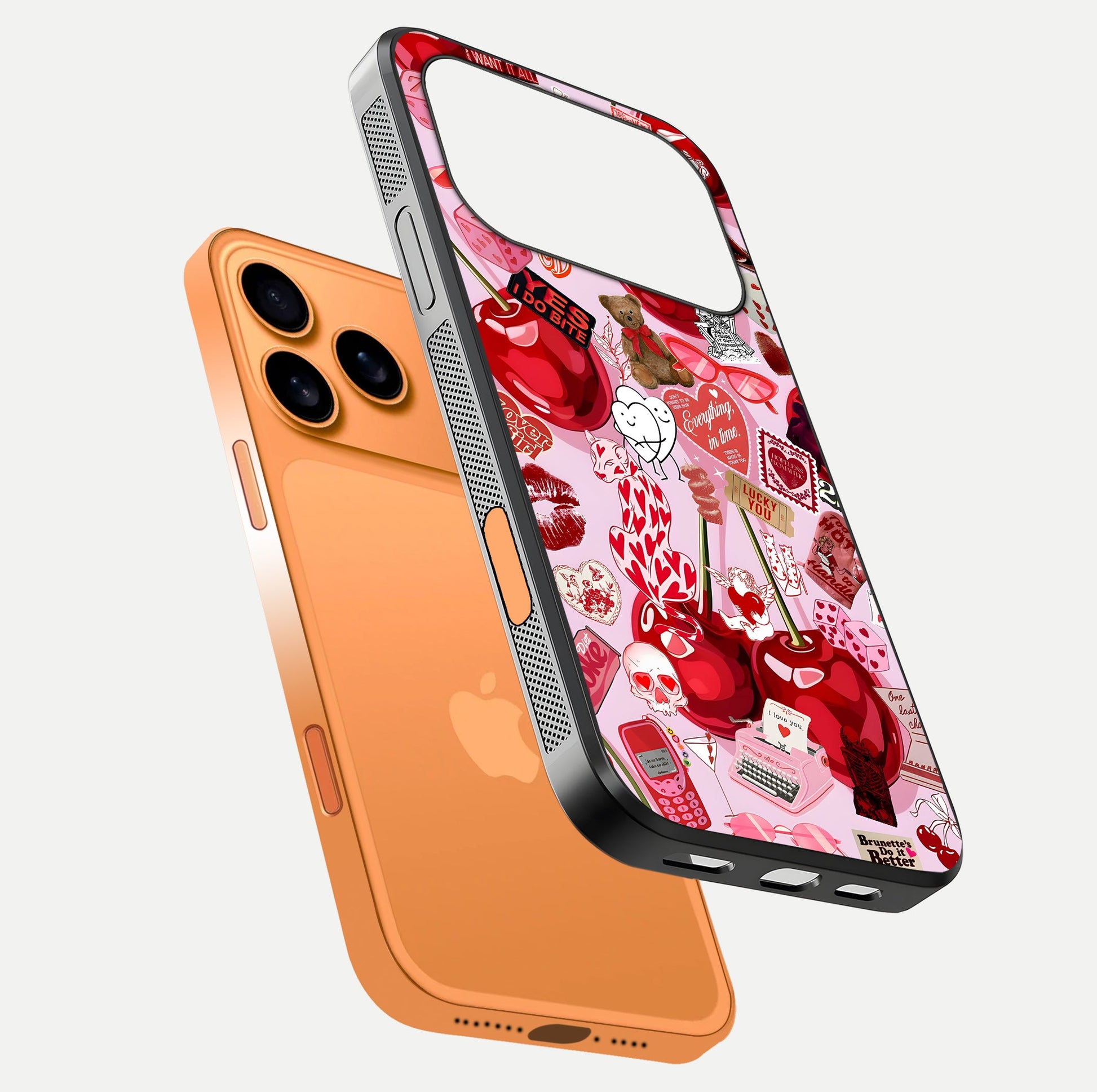 Sweet Cherry Chaos Glass Case for iPhone 17 Pro Max floating dual-view mockup displaying gloss surface and depth
