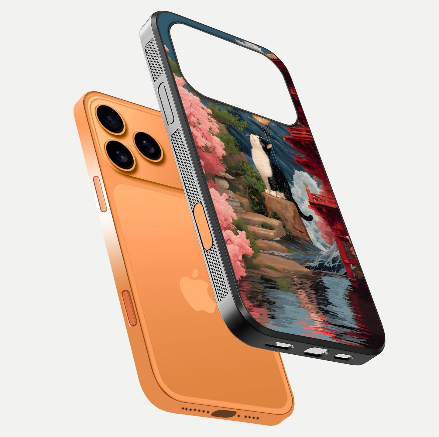Temple Cat Scenery Glass Case for iPhone 17 Pro Max floating dual-view mockup displaying gloss and depth detail