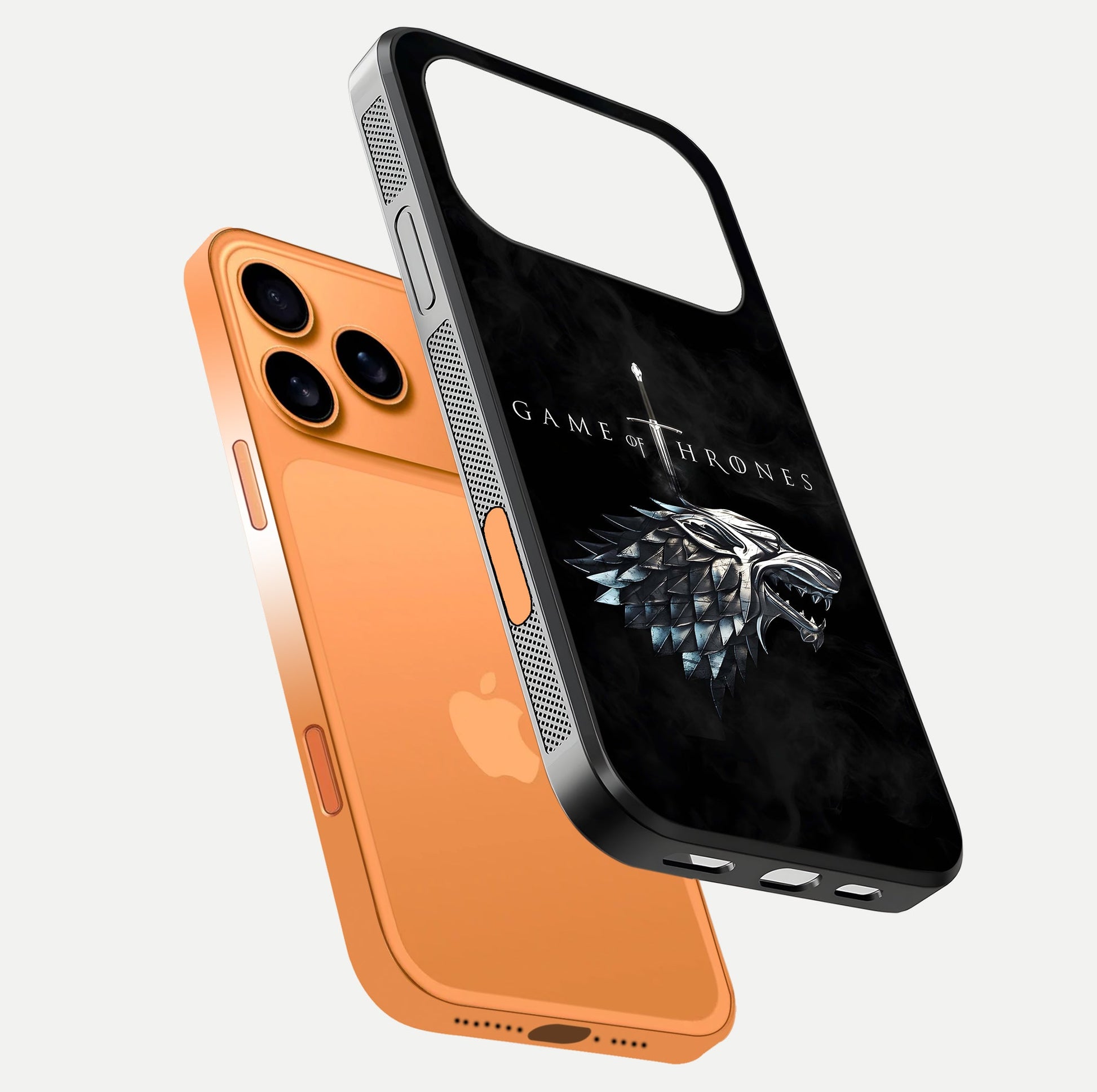 Throne Wolf Legacy Glass Case for iPhone 17 Pro Max floating dual-view mockup displaying gloss depth and wolf artwork