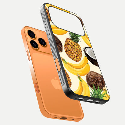 Tropical Fruit Mood Glass Case for iPhone 17 Pro Max floating dual-view mockup displaying gloss and vibrant colors