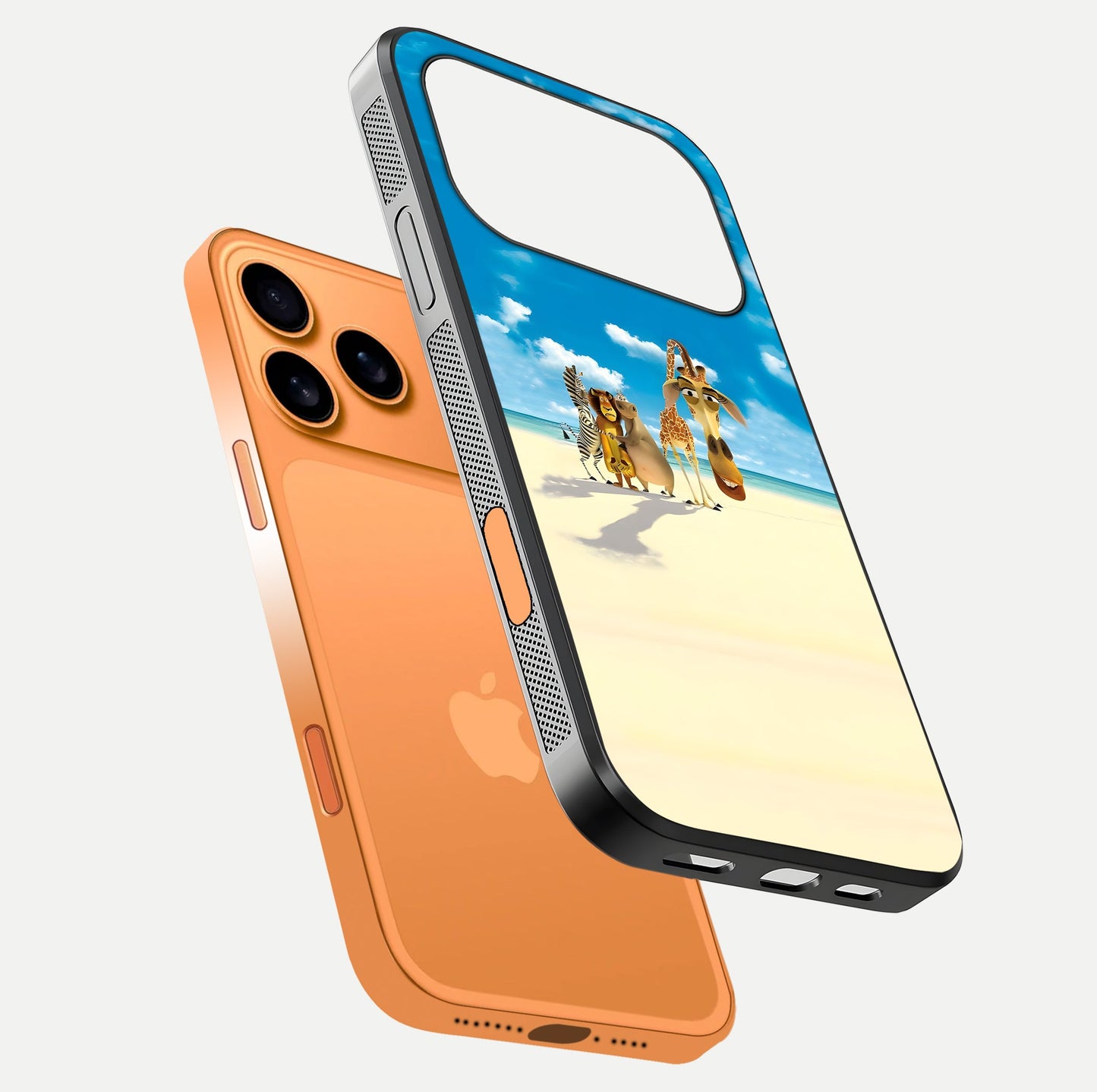 Tropical Fun Squad Glass Case for iPhone 17 Pro Max floating dual-view mockup displaying gloss reflection and contrast