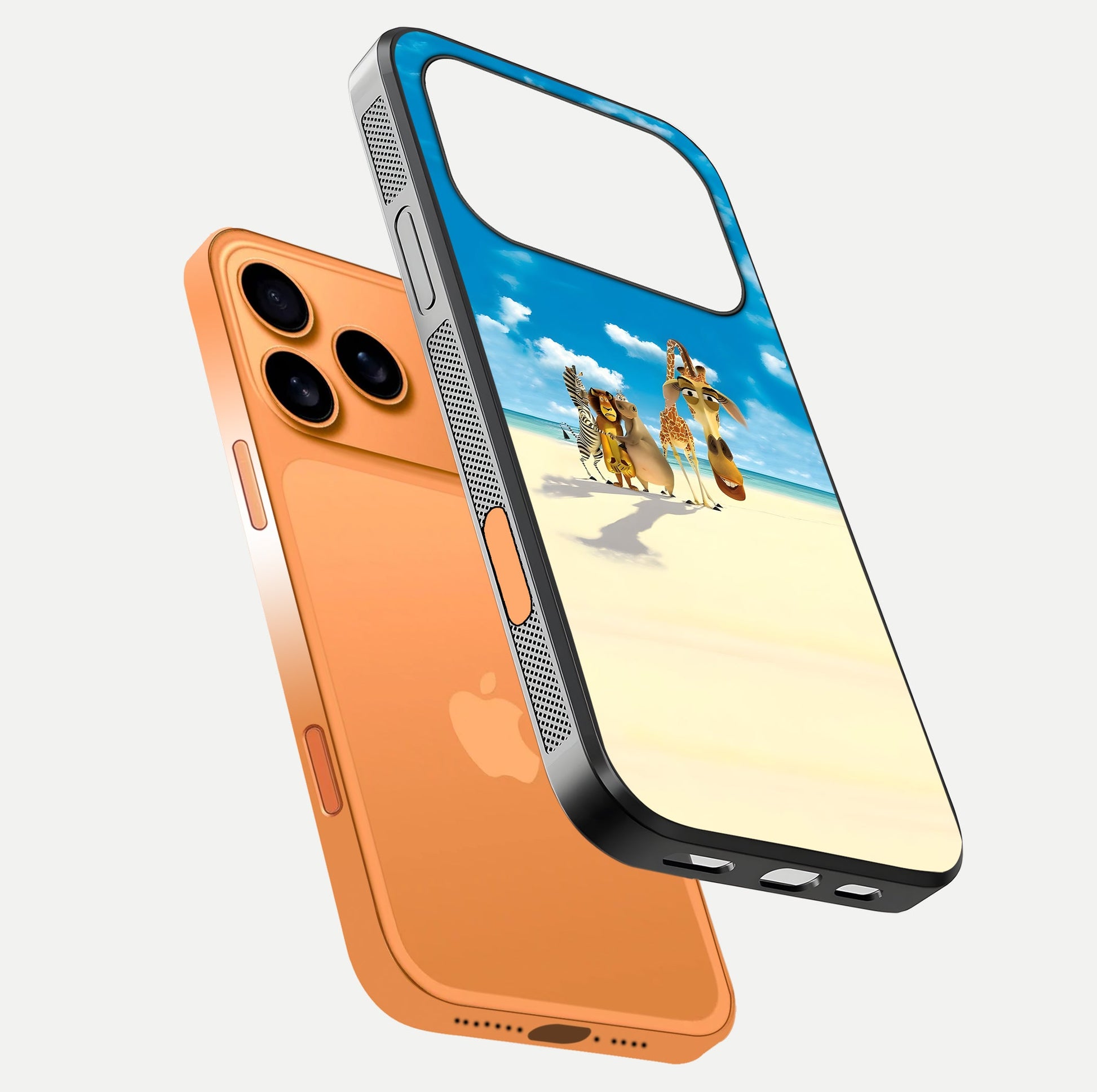Tropical Fun Squad Glass Case for iPhone 17 Pro Max floating dual-view mockup displaying gloss reflection and contrast