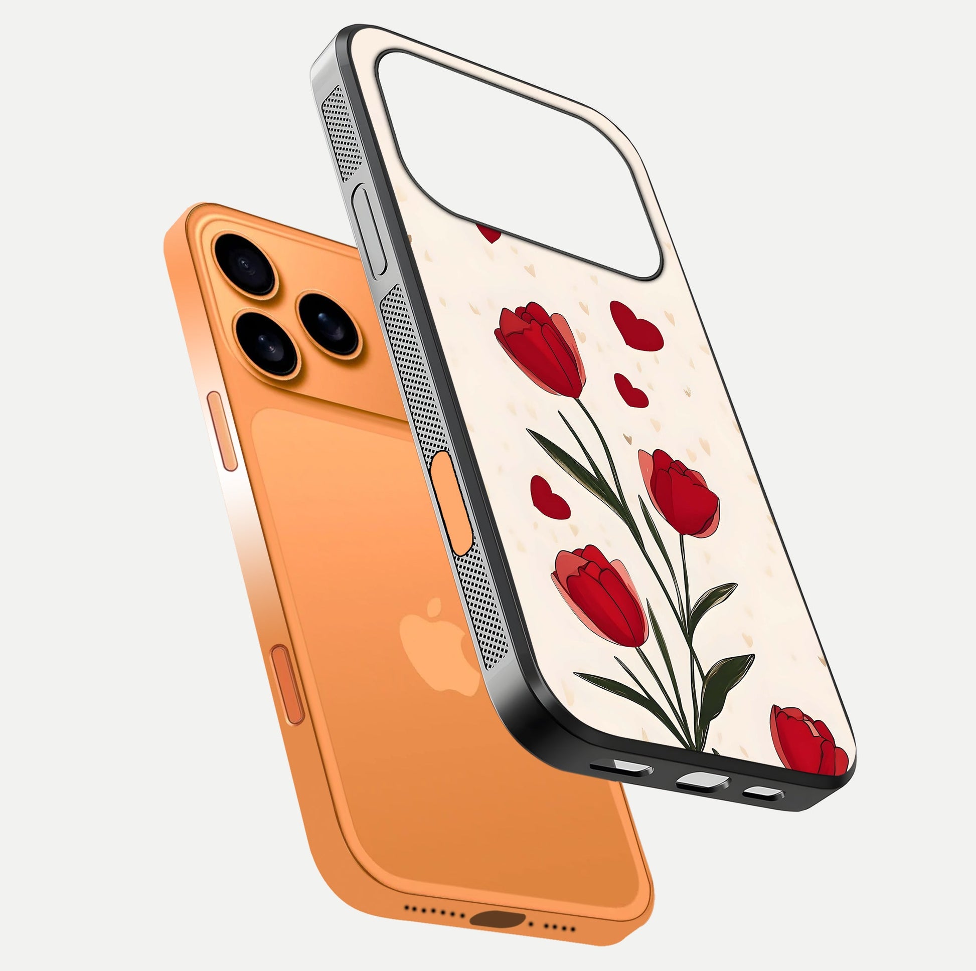 Tulip With Heart Glass Case for iPhone 17 Pro Max floating dual-view mockup displaying gloss texture and shine