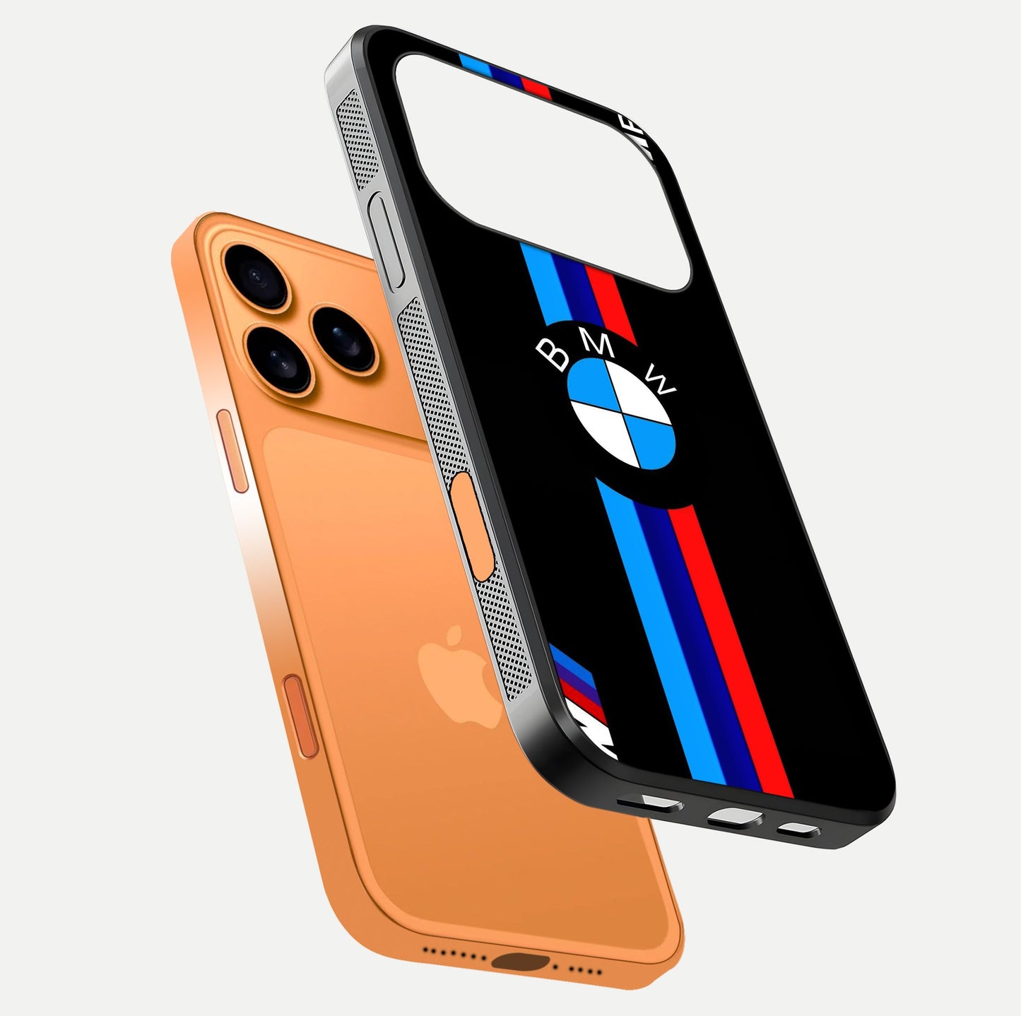 Turbo BMW Beast Glass Case for iPhone 17 Pro Max floating dual-view mockup displaying gloss texture and vivid print