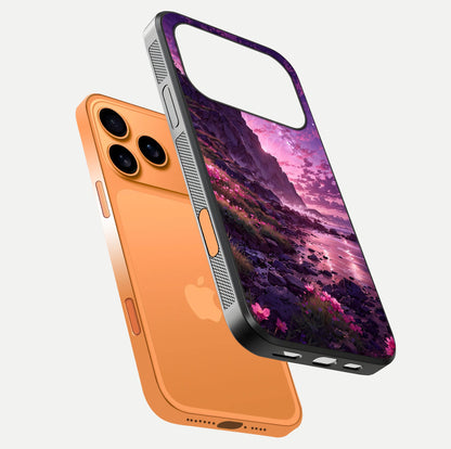 Twilight Blossom Coast Glass Case for iPhone 17 Pro Max floating dual-view mockup displaying gloss surface and detail