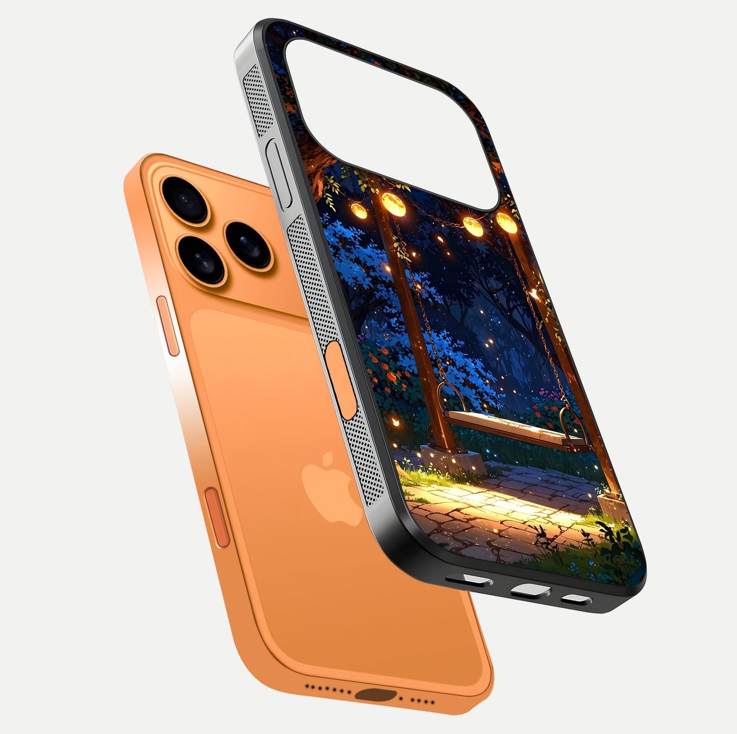 Twilight Garden Swing Glass Case for iPhone 17 Pro Max floating dual-view mockup displaying gloss and tone balance