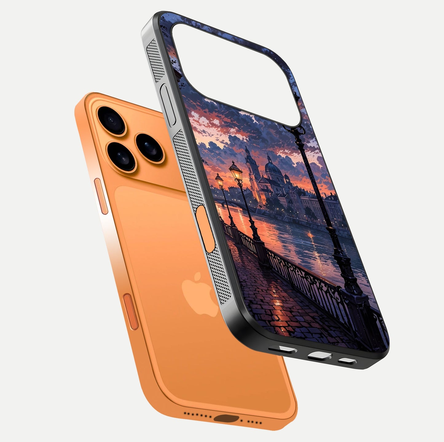 Twilight River Lights Glass Case for iPhone 17 Pro Max floating dual-view mockup displaying gloss shine and vivid details