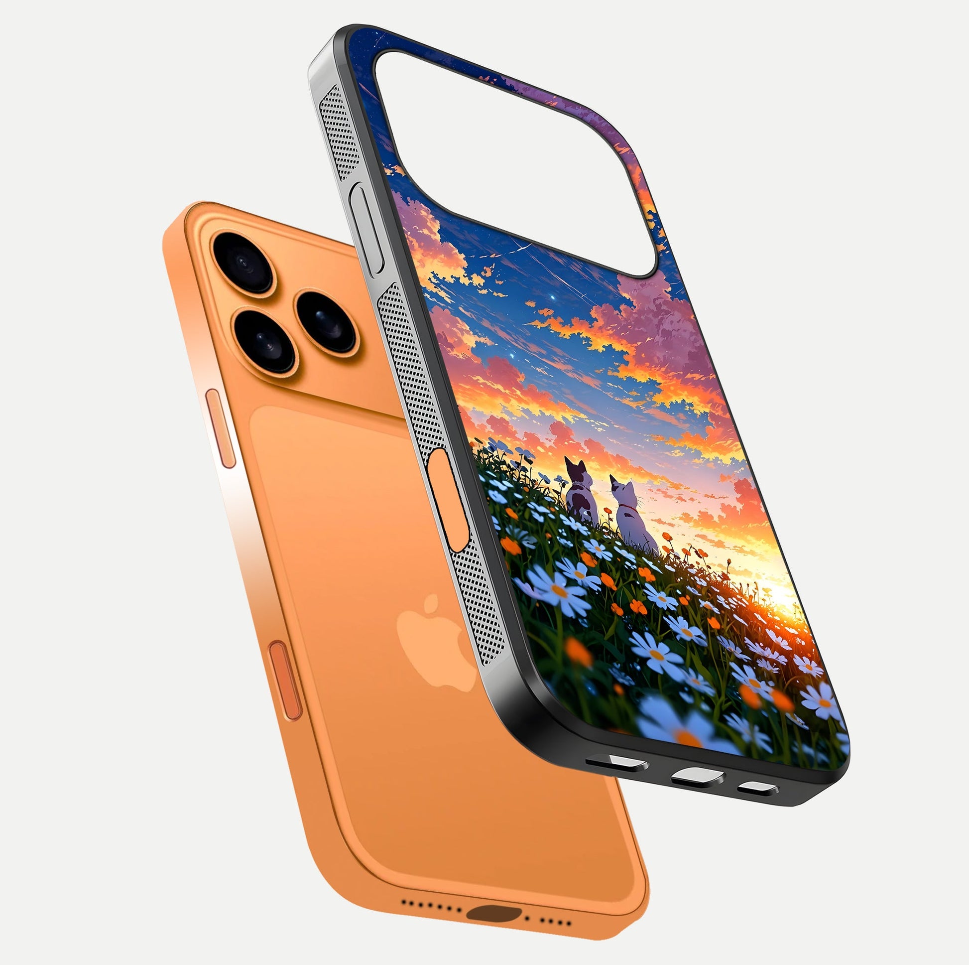Two Cats Friends Glass Case for iPhone 17 Pro Max floating dual-view mockup displaying gloss surface and HD print