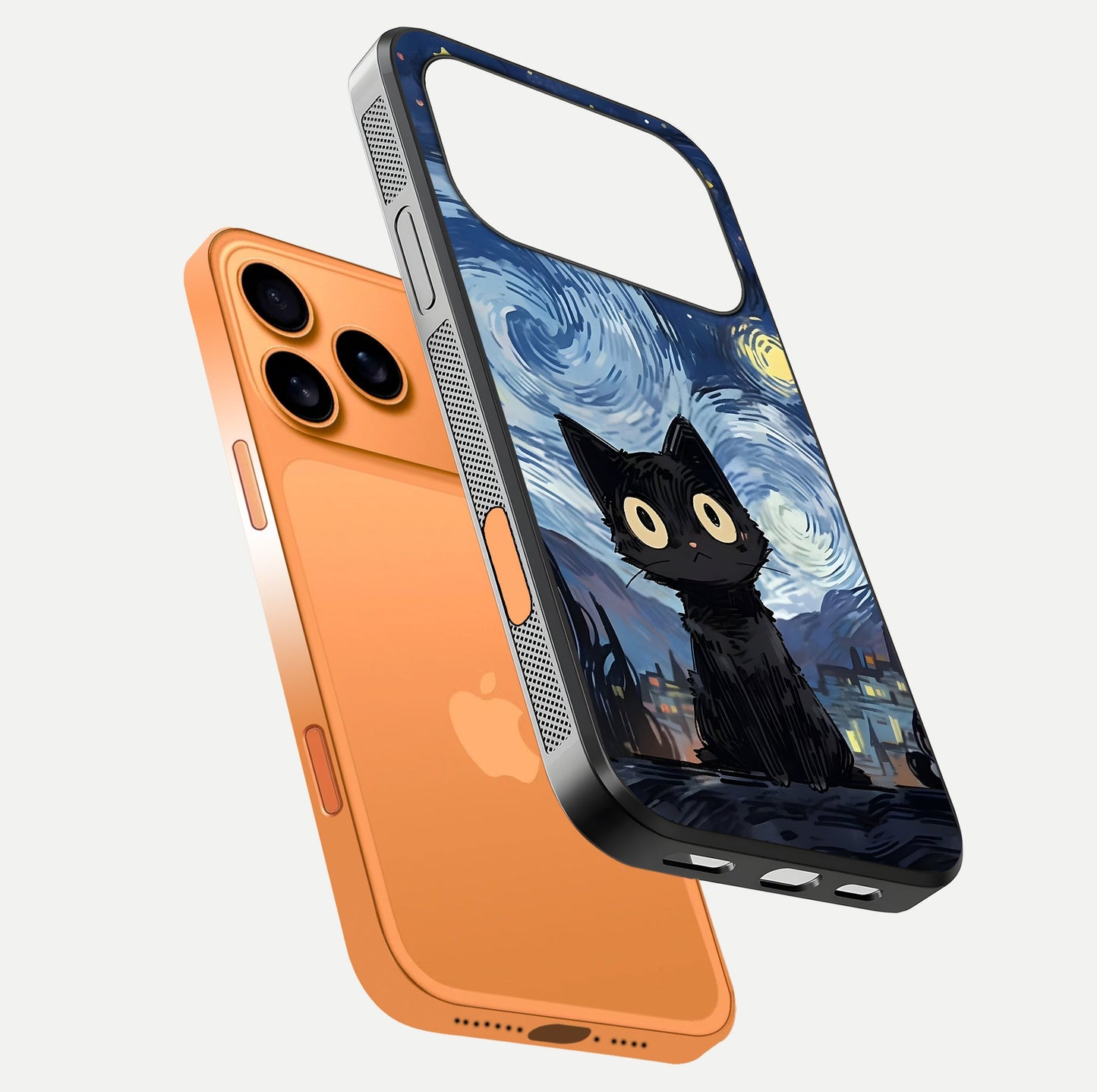 Van Gogh Cat Glass Case for iPhone 17 Pro Max floating dual-view mockup displaying gloss shine and artistic texture