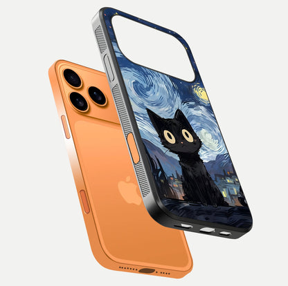 Van Gogh Cat Glass Case for iPhone 17 Pro Max floating dual-view mockup displaying gloss shine and artistic texture