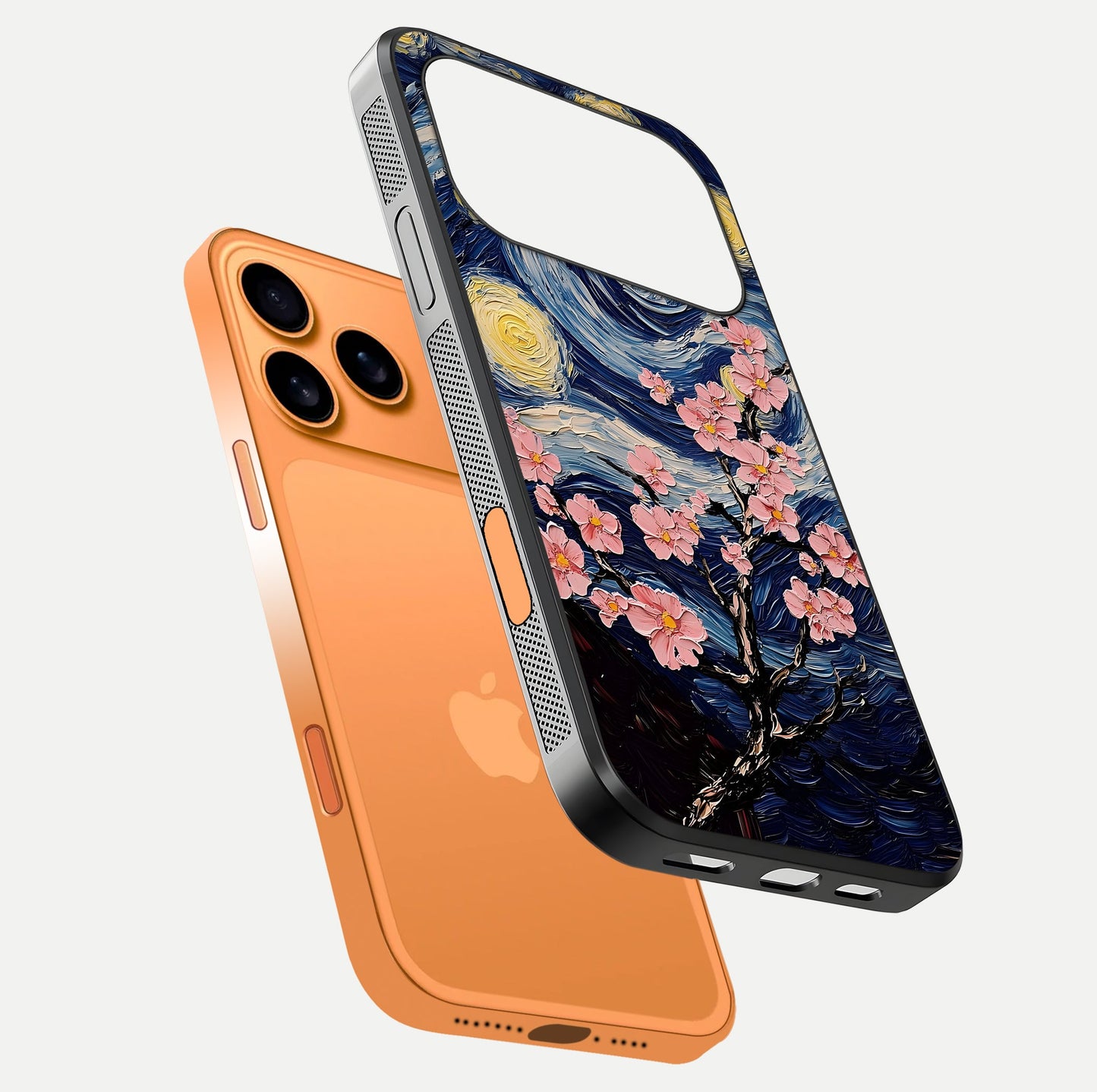 Van Gogh Scenery Glass Case for iPhone 17 Pro Max floating dual-view mockup displaying gloss reflection and HD quality