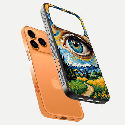 Van Gogh Eye Glass Case for iPhone 17 Pro Max floating dual-view mockup displaying gloss texture and depth