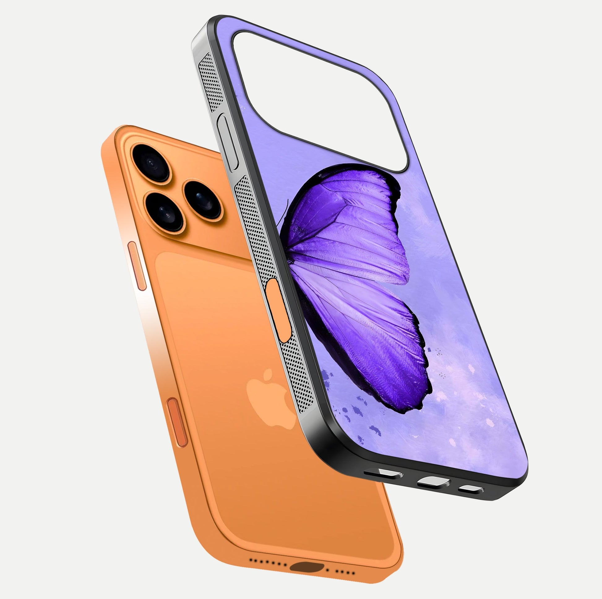 Violet Dream Wing Glass Case for iPhone 17 Pro Max floating dual-view mockup displaying gloss depth and clarity